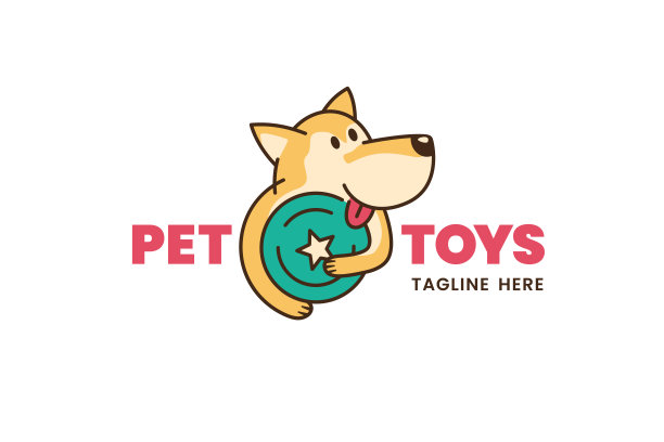 宠物玩具标志设计模板。玩飞盘的卡通狗。图片下载