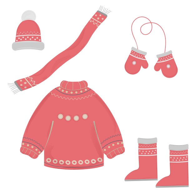 一套粉红色白色背景的保暖衣服。一套有纹理和图案的冬装。矢量插图。图片下载