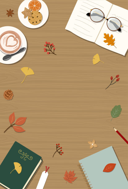 秋季元素框架矢量插图。书，笔记，咖啡杯，饼干，草和树叶。Vartical组成。图片下载