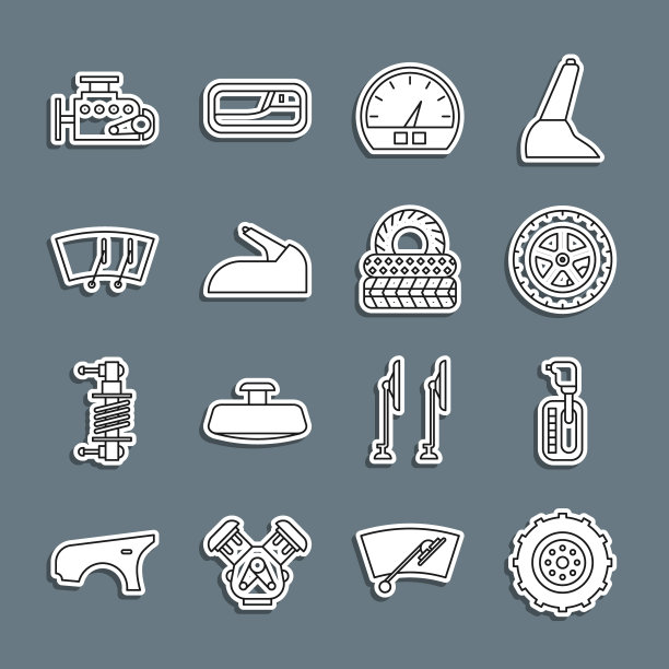 设置线汽车车轮，变速杆，速度表，手刹，雨刷，发动机和轮胎图标。向量图片下载