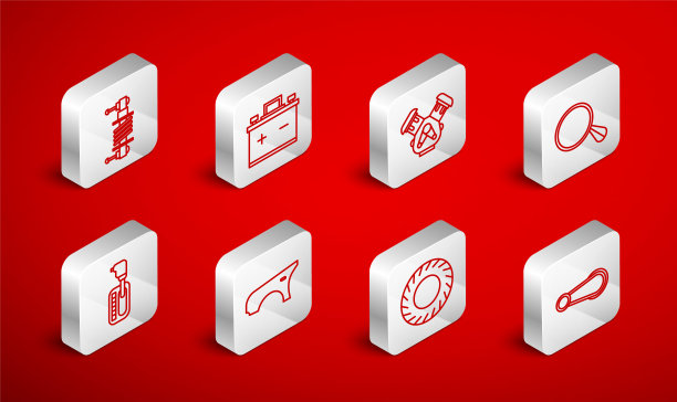 设置汽车门把手，电池，发动机，镜子，轮胎，减震器，挡泥板和变速杆图标。向量图片下载