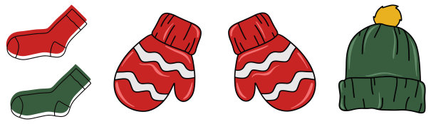 冬天的手套和帽子。手画手套和帽子。红色和绿色的袜子。涂鸦和素描风格图片下载