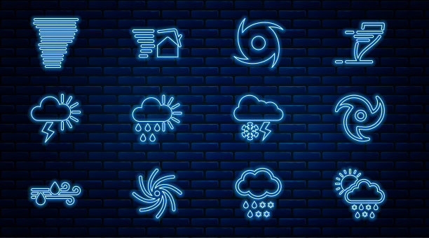 设置线云与雪，雨，太阳，龙卷风，多云和，风暴，闪电和漩涡图标。向量图片下载