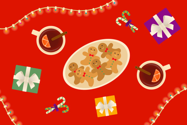顶部视图的桌子与热葡萄酒，礼品盒，姜饼饼干和糖果手杖图片下载