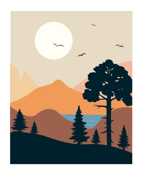有树、山和湖的现代艺术版画。矢量图图片下载