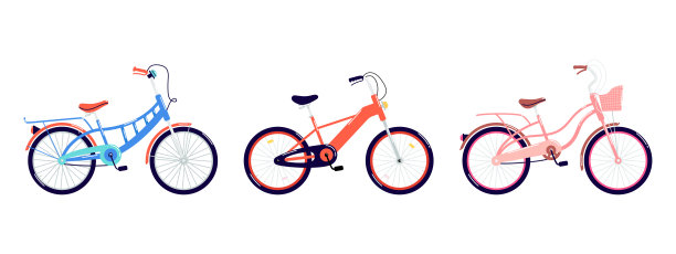 彩色自行车孤立。一套绘制明亮的踏板车辆。平面矢量插图的自行车的女人和男人的不同年龄的白色背景。图片下载