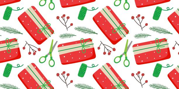 圣诞节无缝模式。为圣诞节和新年做准备。云杉树枝，剪刀，浆果，线圈，礼物包装在红纸。重复插图纺织品，包装纸，墙纸。图片下载