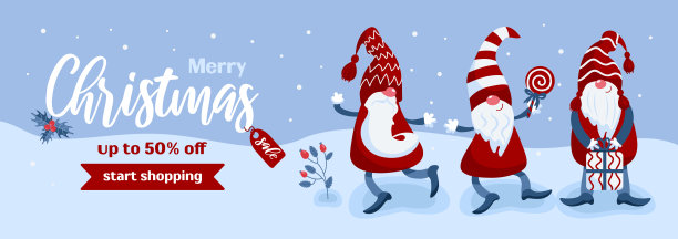 圣诞节促销。蓝色和红色卡通风格的明亮横幅矢量素材。戴帽子的小矮人、糖果棒、礼物、冬季玫瑰果、冬青。用于广告banner、海报、宣传单图片下载