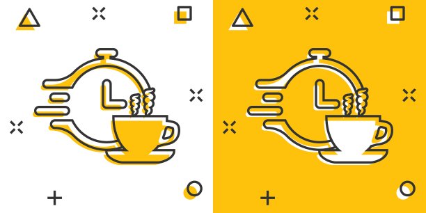 在漫画风格的咖啡休息图标。时钟与茶杯卡通矢量插图在白色孤立的背景。早餐时间飞溅效应经营理念。图片下载