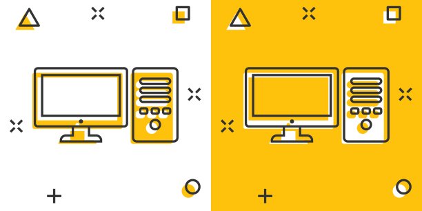 电脑图标在漫画风格。桌面卡通矢量插图在白色孤立的背景。设备监控溅花效果经营理念。图片下载