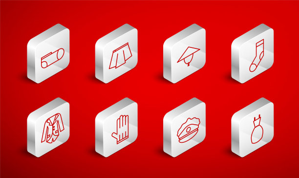 设置线女人连衣裙，裙子，亚洲圆锥帽，袜子，警帽帽舌，运动袜子，皮手套和运动夹克图标。向量图片下载