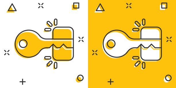 漫画风格的锁图标。挂锁密码卡通矢量插图在白色孤立的背景。钥匙解锁飞溅效果商业理念。图片下载