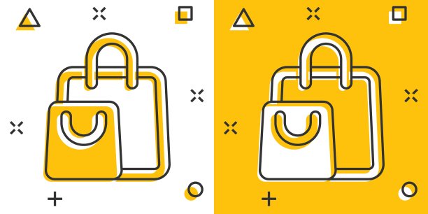 购物袋图标在漫画风格。手提袋卡通标志矢量插图在白色孤立的背景。包装飞溅效应的经营理念。图片下载