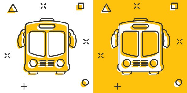 漫画风格的巴士图标。客车卡通矢量插图在白色孤立的背景。巴士飞溅效应经营理念。图片下载