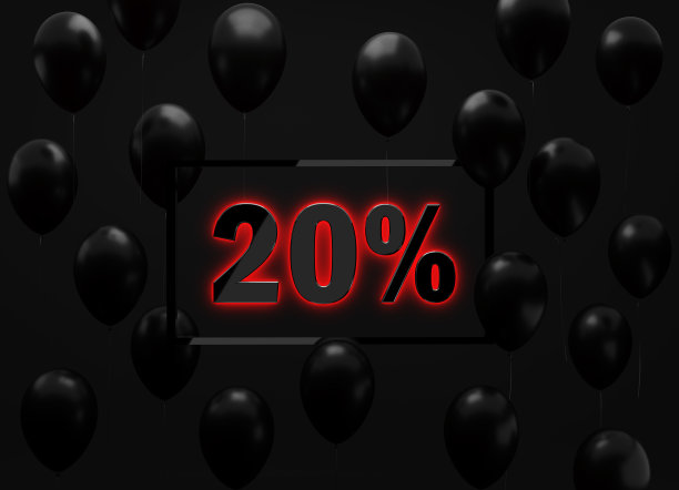 发光的20%折扣文本坐在黑色气球中间的黑色背景图片下载