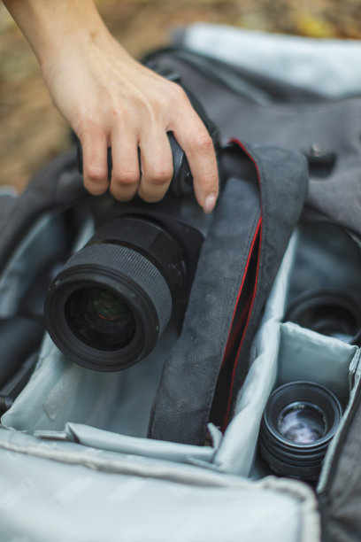 女手拿DLSR相机从包与镜头图片下载