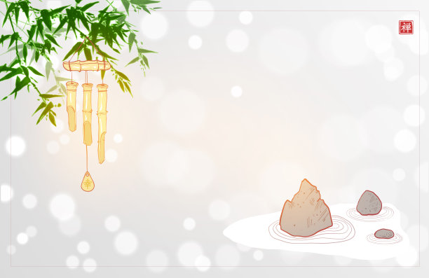 绿竹树，禅岩园，竹风铃。日本花园构图在白色发光的背景。象形文字-禅的翻译图片下载