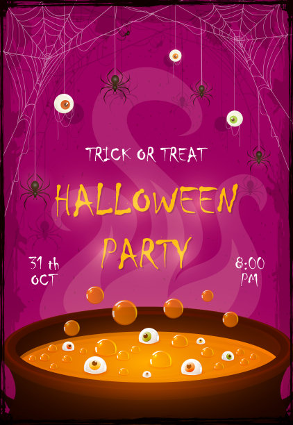 在有眼睛和蜘蛛的大锅里有橙色药水的万圣节派对旗帜图片下载