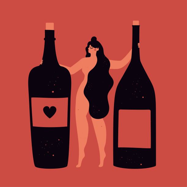 向量插图与长头发的女人和黑瓶红酒。图片下载