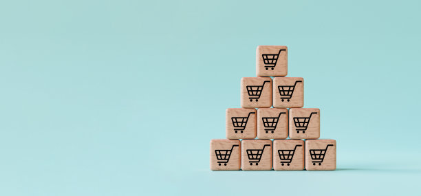购物车打印屏幕木制立方体块堆叠在蓝色背景上，通过3d渲染增加销售量和订单增长概念的标志。图片下载