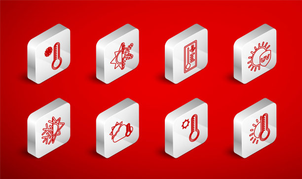 设置线温度计与太阳，太阳和雪花，气象温度计，紫外线保护，云，和图标。向量图片下载