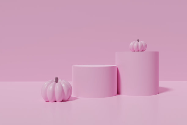 3d渲染的粉彩讲台与粉红色的南瓜在单色的背景图片下载
