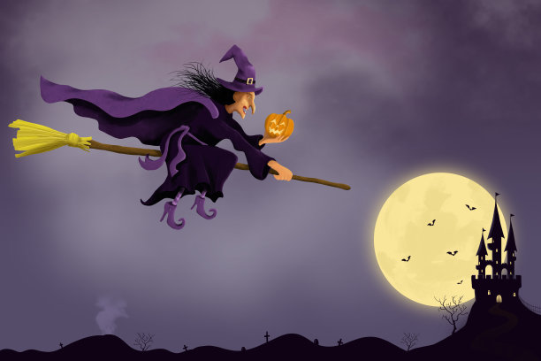 万圣节插图，女巫在夜空中飞过城堡图片下载