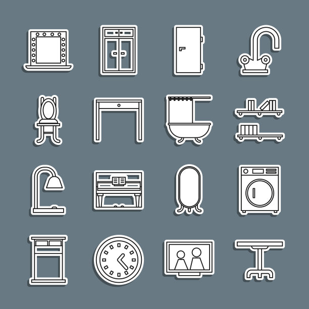 备有圆桌、洗衣机、书架、闭门、木制、椅子、化妆镜灯和浴缸浴帘图标。向量图片下载