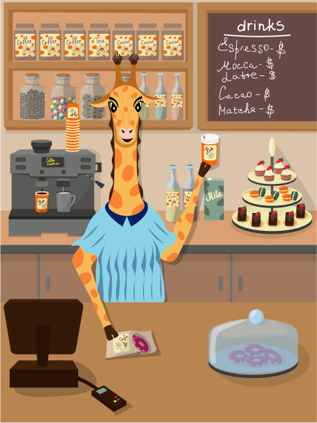 长颈鹿咖啡师在咖啡店里煮咖啡。矢量字符长颈鹿。动物角色设计图片下载