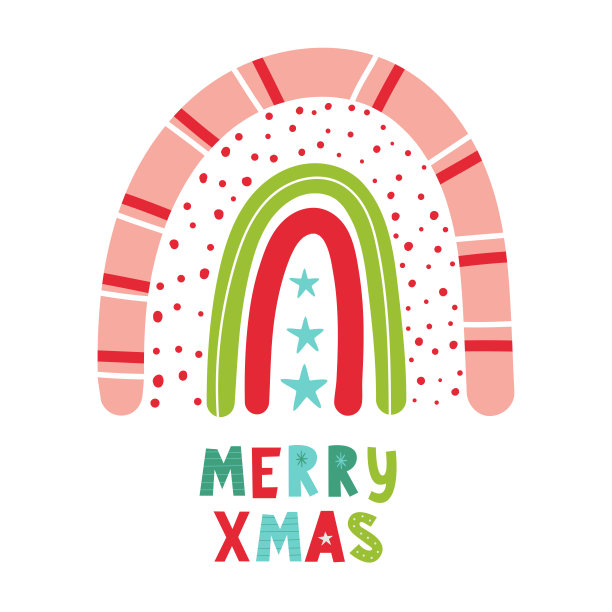 用手写“圣诞快乐”的圣诞彩虹。矢量手绘彩色儿童插图。婴儿打印。适用于海报，纺织品。图片下载