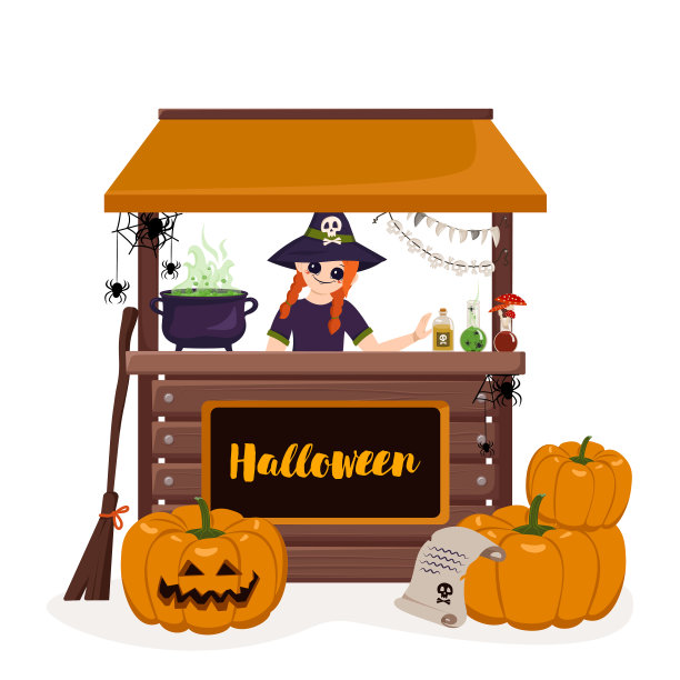 女孩在尖女巫帽子在柜台的万圣节摊位图片下载