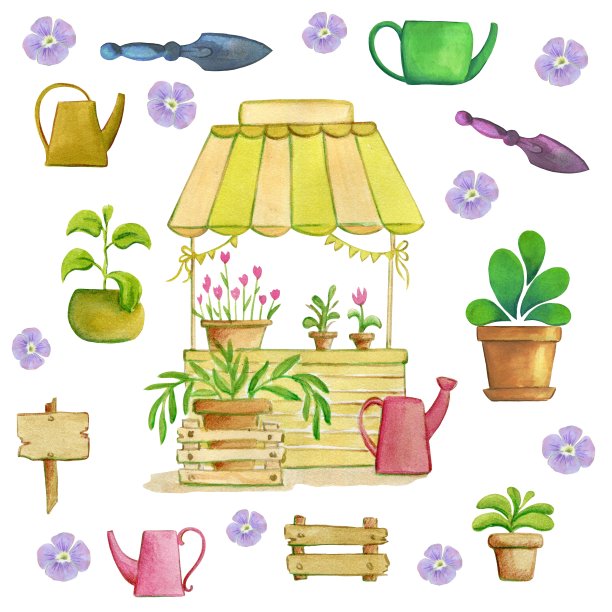 一套很大的水彩画。一个摊位柜台出售花卉和剪纸花，花盆，喷壶图片下载