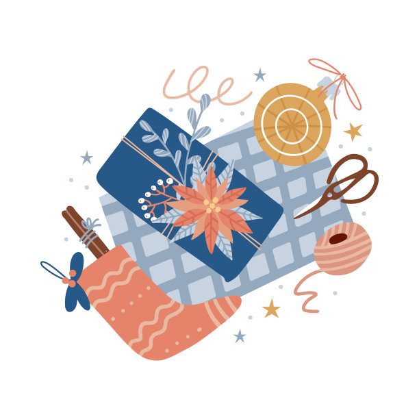 圣诞礼物包装过程。包装平铺俯视图。礼品盒与包装纸分离的设计元素。准备圣诞节和新年的庆祝活动。矢量平面手绘插图。图片下载