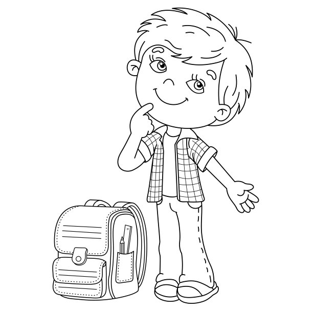 带书包的卡通男孩的涂色页大纲。小学生或小学生。学校。儿童涂色本图片下载