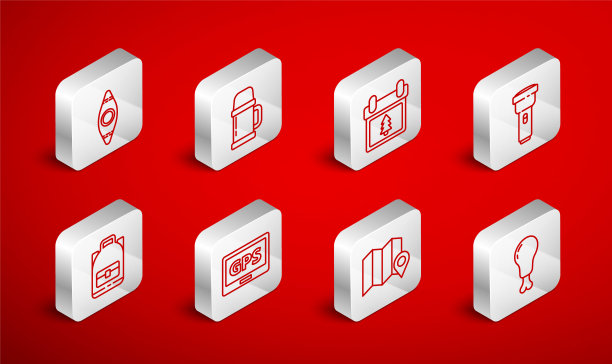 设置线鸡腿，保温瓶容器，日历与树，手电筒，位置森林地图，皮划艇，Gps设备和徒步旅行背包图标。向量图片下载