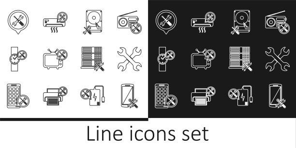 设置线智能手机服务，交叉扳手，硬盘驱动器，电视，腕表，位置，数据库服务器和空调图标。向量图片下载