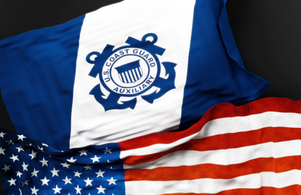 美国海岸警卫队辅助旗连同美国国旗作为它们之间联系的象征，3d插画图片下载