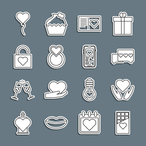 系列巧克力棒，心在手中，心一样，情人节传单，结婚戒指，锁，气球形式和移动图标。向量图片下载