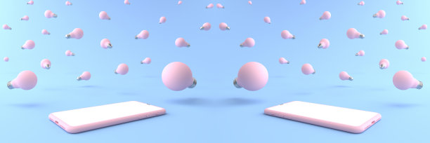 3D渲染智能手机白色屏幕周围有许多粉红色灯泡。手机上的金钱和商业概念，在线和最小的概念，手机上的创意，孤立在蓝色背景上。图片下载