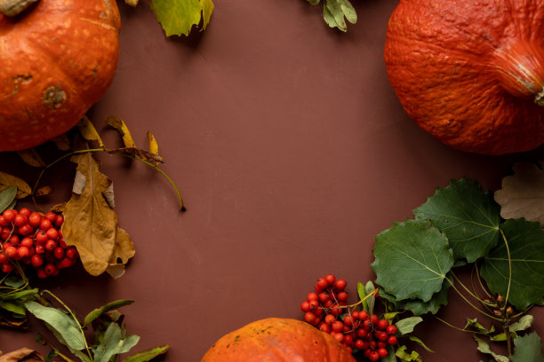 秋天的概念与南瓜在黑暗的背景与秋天的树叶。庆祝万圣节和感恩节图片下载