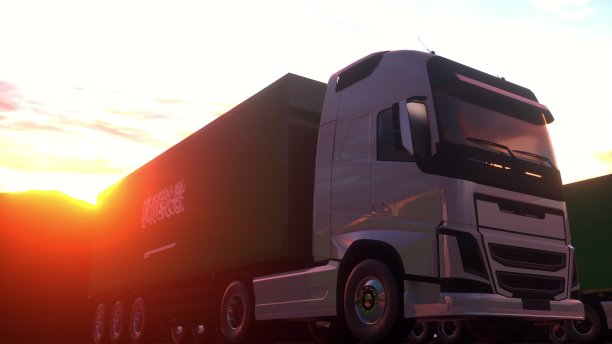 来自沙特阿拉伯的卡车在仓库码头装卸货物。三维渲染图片下载