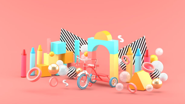 木制玩具、蜡笔和自行车在粉红色背景的彩色球之间。3 d渲染。图片下载