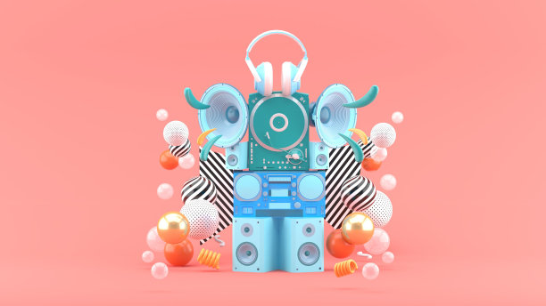 扬声器、收音机、唱机和耳机在粉红色背景上的彩色球之间。3 d渲染。图片下载