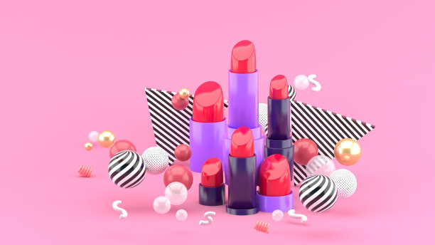 唇膏在粉红色背景的彩色球之间。3 d渲染。图片下载