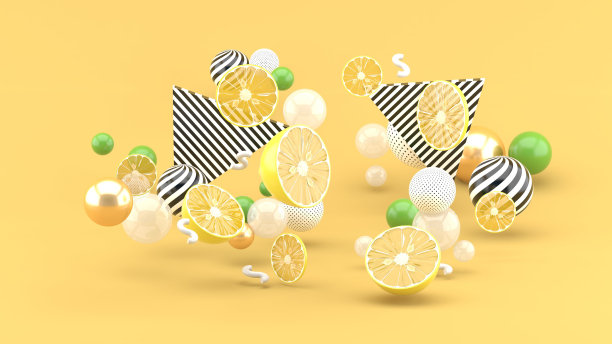 黄色背景上的彩色球中有柠檬。3 d渲染。图片下载
