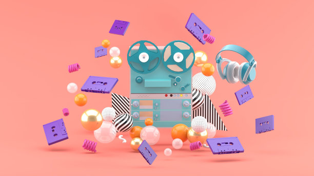 录音机在粉红色背景的磁带和耳机之间。3 d渲染。图片下载