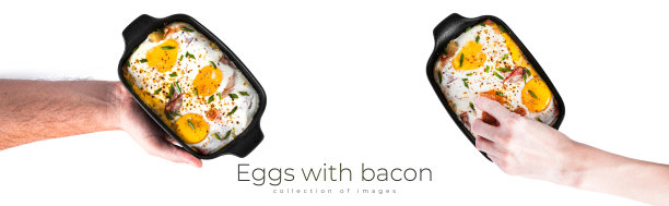 鸡蛋和培根被孤立在白色的背景上。烘炒蛋图片下载