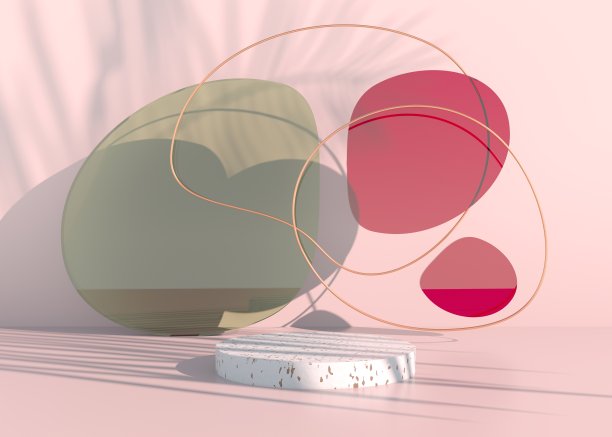 波西米亚讲台与棕榈叶阴影和粉彩化妆品产品介绍。空橱窗底座背景模型。3 d渲染。图片下载