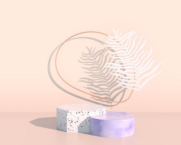 产品展示平台，以树叶装饰在柔和的背景，3d插图图片下载