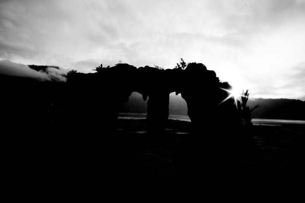 阳光下城堡大门的黑白剪影。图片下载